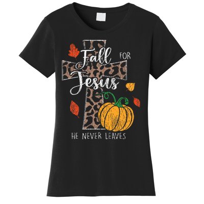 Fall For Jesus He Never Leave Pumpkin Thanksgiving Christian Women's T-Shirt