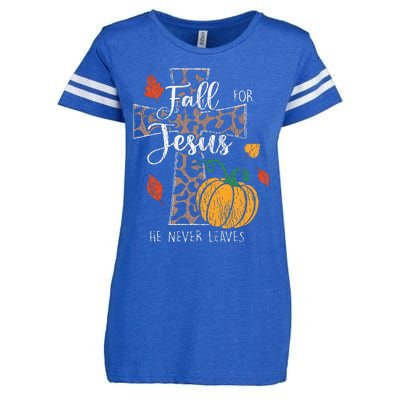 Fall For Jesus He Never Leave Pumpkin Thanksgiving Christian Enza Ladies Jersey Football T-Shirt