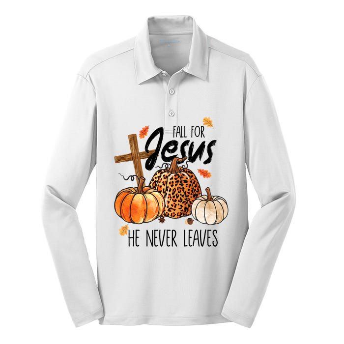 Fall For Jesus He Never Leaves Thanksgiving Autumn Silk Touch Performance Long Sleeve Polo