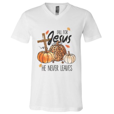 Fall For Jesus He Never Leaves Christian Thanksgiving Dinner V-Neck T-Shirt