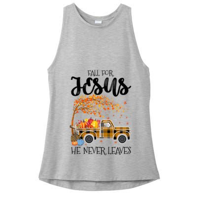 Fall For Jesus He Never Leaves Thanksgiving Cross Jesus Ladies PosiCharge Tri-Blend Wicking Tank