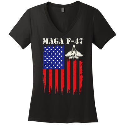 F47 Fighter Jet F-47 Jet Fighter Aircraft Us Flag Vintage Women's V-Neck T-Shirt