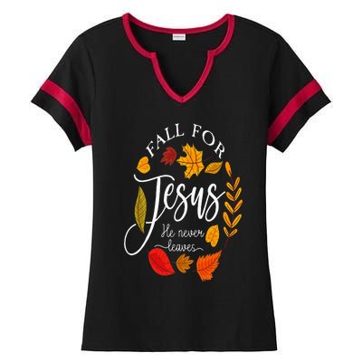 Fall For Jesus He Never Leaves Pumpkin Thanksgiving Ladies Halftime Notch Neck Tee