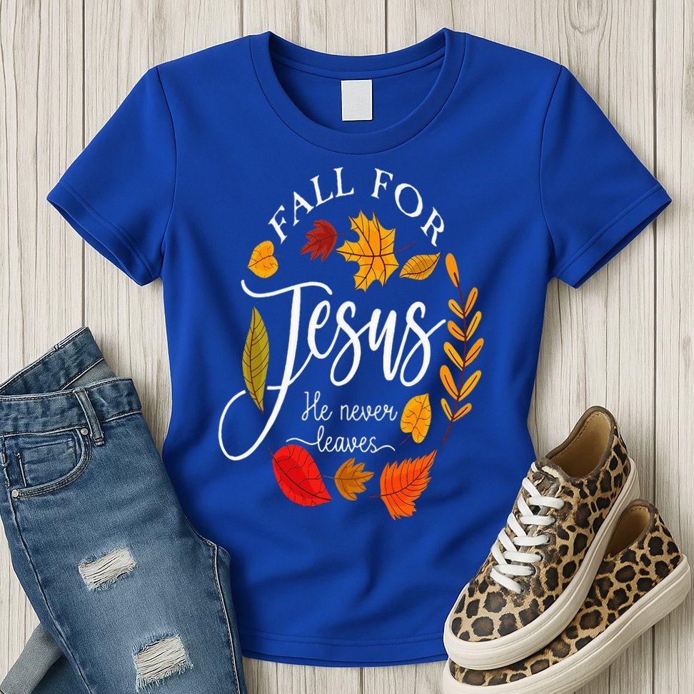 Fall For Jesus He Never Leaves Pumpkin Thanksgiving Womens T-Shirt