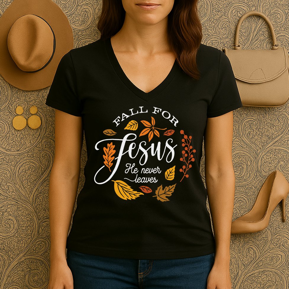 Fall For Jesus He Never Leaves Women's V-Neck T-Shirt