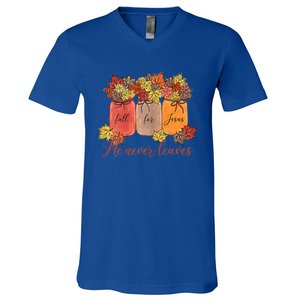 Fall For Jesus He Never Leaves Christian Lover Thanksgiving Gift V-Neck T-Shirt