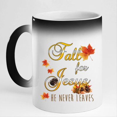 Fall For Jesus He Never Leaves Christian Autumn Season 11oz Black Color Changing Mug