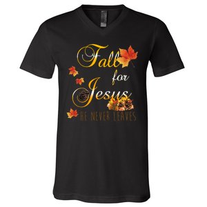 Fall For Jesus He Never Leaves Christian Autumn Season V-Neck T-Shirt