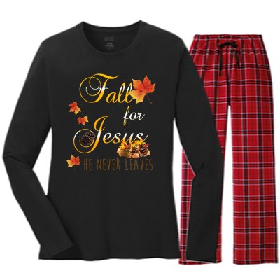 Fall For Jesus He Never Leaves Christian Autumn Season Women's Long Sleeve Flannel Pajama Set 