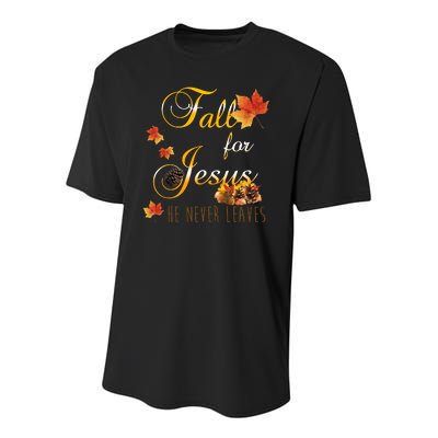 Fall For Jesus He Never Leaves Christian Autumn Season Youth Performance Sprint T-Shirt