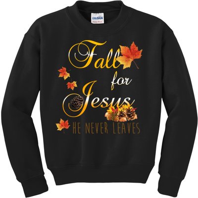 Fall For Jesus He Never Leaves Christian Autumn Season Kids Sweatshirt