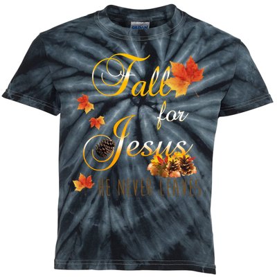 Fall For Jesus He Never Leaves Christian Autumn Season Kids Tie-Dye T-Shirt