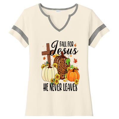 Fall For Jesus He Never Leaves Christian Autumn Thanksgiving  Ladies Halftime Notch Neck Tee