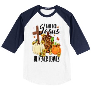 Fall For Jesus He Never Leaves Christian Autumn Thanksgiving  Baseball Sleeve Shirt