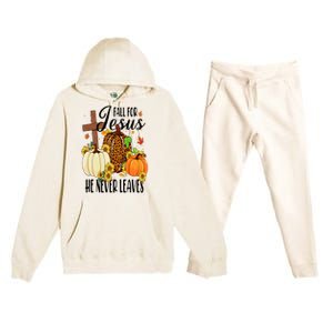 Fall For Jesus He Never Leaves Christian Autumn Thanksgiving  Premium Hooded Sweatsuit Set