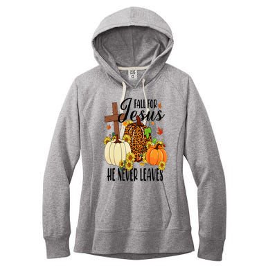 Fall For Jesus He Never Leaves Christian Autumn Thanksgiving  Women's Fleece Hoodie