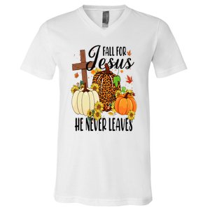 Fall For Jesus He Never Leaves Christian Autumn Thanksgiving  V-Neck T-Shirt