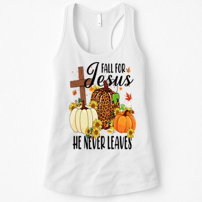Fall For Jesus He Never Leaves Christian Autumn Thanksgiving  Womens Tank Top