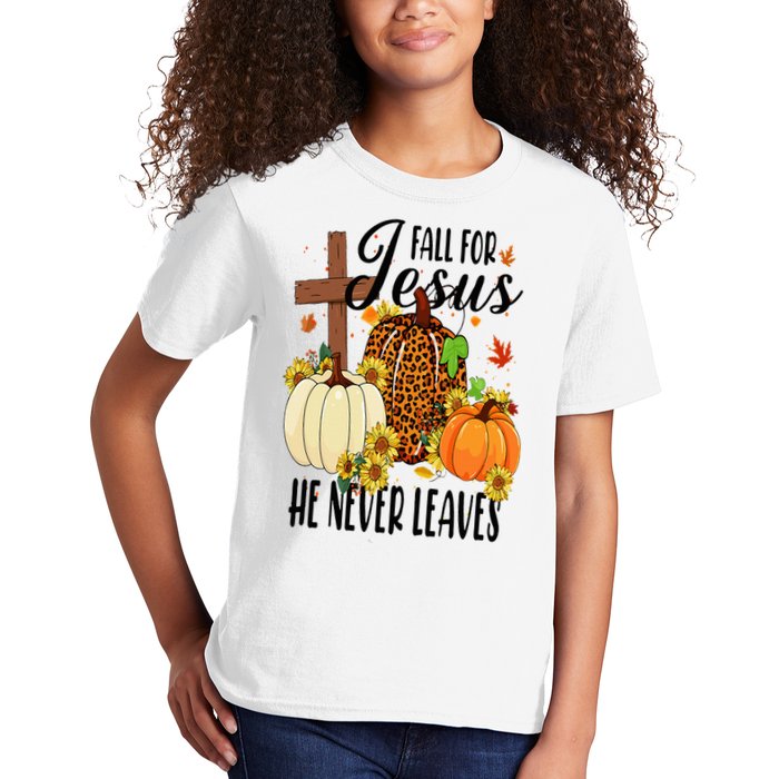 Fall For Jesus He Never Leaves Christian Autumn Thanksgiving  Kids T-Shirt