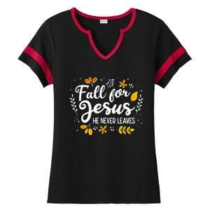 Fall For Jesus He Never Leaves Shirt Christian Lover Gift Ladies Halftime Notch Neck Tee