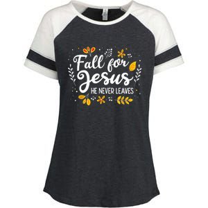 Fall For Jesus He Never Leaves Shirt Christian Lover Gift Enza Ladies Jersey Colorblock Tee