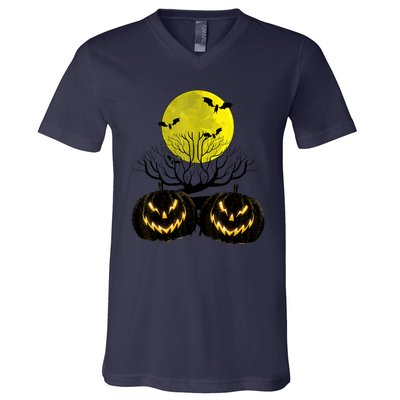 Fanged Fire Jack O Lantern Pumpkin Halloween Premium V-Neck T-Shirt