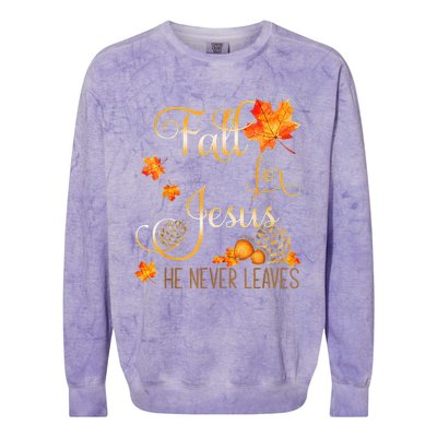 Fall For Jesus He Never Leaves Autumn Christian Prayers Cool Colorblast Crewneck Sweatshirt