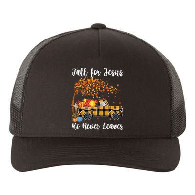 Fall For Jesus He Never Leaves Autumn Thanksgiving Yupoong Adult 5-Panel Trucker Hat