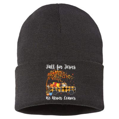 Fall For Jesus He Never Leaves Autumn Thanksgiving Sustainable Knit Beanie