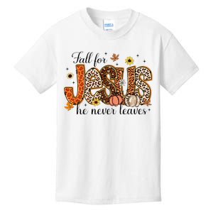 Fall For Jesus He Never Leaves Christian Thanksgiving Kids T-Shirt