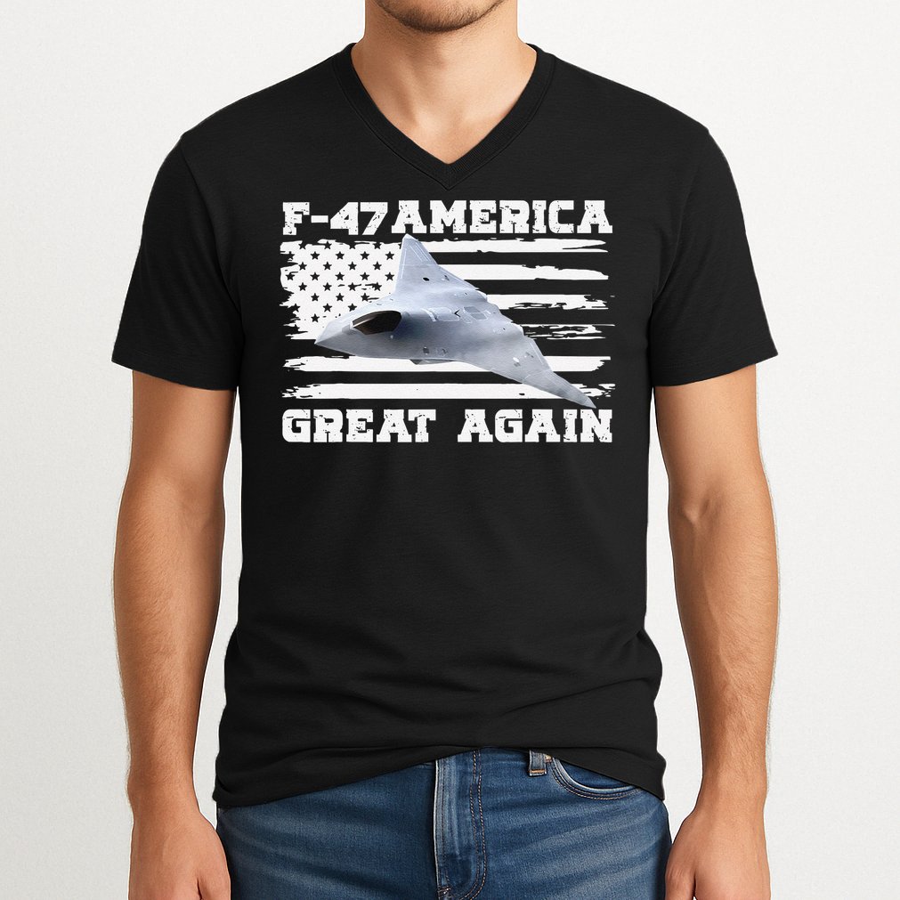F47 Fighter Jet Aircraft US Flag F-47 Jet USA F47 Fighter V-Neck T-Shirt