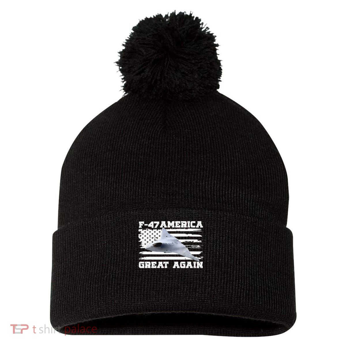 F47 Fighter Jet Aircraft US Flag F-47 Jet USA F47 Fighter Pom Pom 12in Knit Beanie
