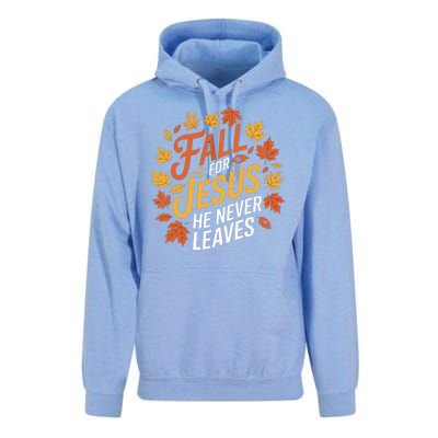 Fall For Jesus He Never Leaves Autumn Fall Season Leaves Leaf Fall Season 2024 Unisex Surf Hoodie