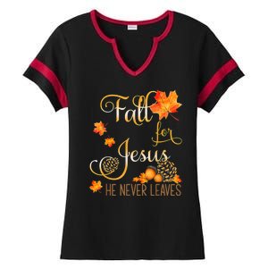 Fall For Jesus He Never Leaves Autumn Christian Prayers Ladies Halftime Notch Neck Tee