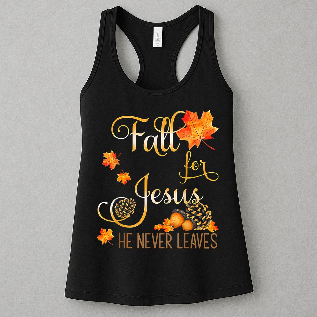 Fall For Jesus He Never Leaves Autumn Christian Prayers Womens Tank Top