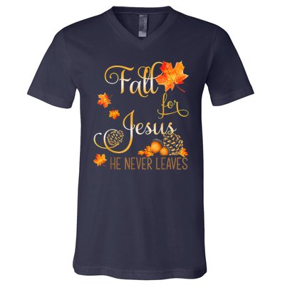 Fall For Jesus He Never Leaves Autumn Christian Prayers V-Neck T-Shirt