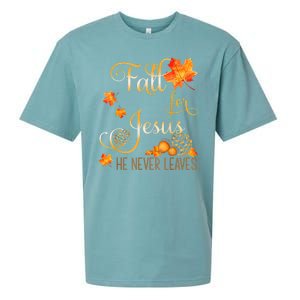 Fall For Jesus He Never Leaves Autumn Christian Prayers Sueded Cloud Jersey T-Shirt