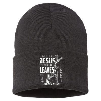 Fall For Jesus He Never Leaves Christian Thanksgiving Sustainable Knit Beanie