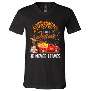 Fall For Jesus He Never Leaves Thanksgiving Party V-Neck T-Shirt