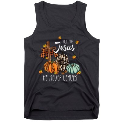 Fall For Jesus He Never Leaves Pumpkin Autumn Thanksgiving Tank Top