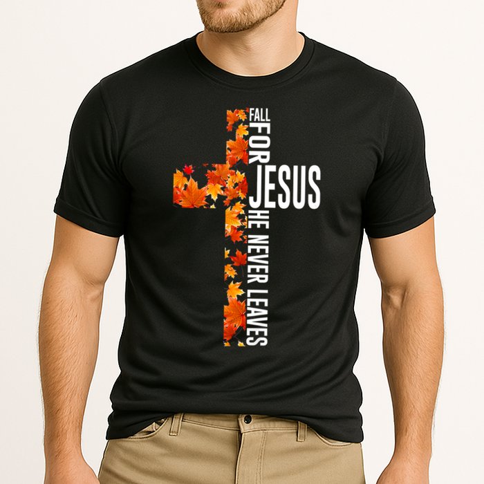 Fall For Jesus He Never Leaves Christian Faith Jesus Cross Cooling Performance Crew T-Shirt
