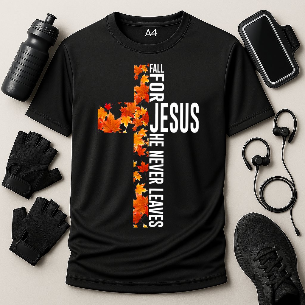 Fall For Jesus He Never Leaves Christian Faith Jesus Cross Cooling Performance Crew T-Shirt