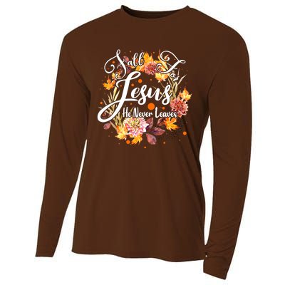 Fall For Jesus He Never Leaves Costume Christian Fall Cooling Performance Long Sleeve Crew