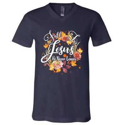 Fall For Jesus He Never Leaves Costume Christian Fall V-Neck T-Shirt