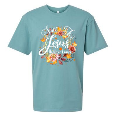 Fall For Jesus He Never Leaves Costume Christian Fall Sueded Cloud Jersey T-Shirt