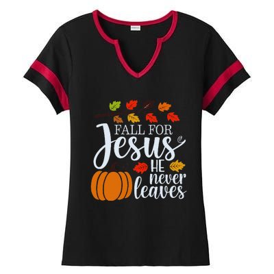 Fall For Jesus He Never Leaves Ladies Halftime Notch Neck Tee