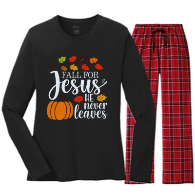 Fall For Jesus He Never Leaves Women's Long Sleeve Flannel Pajama Set 