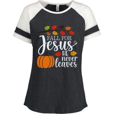 Fall For Jesus He Never Leaves Enza Ladies Jersey Colorblock Tee