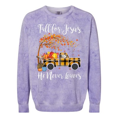 Fall For Jesus He Never Leaves Thanksgiving Jesus Colorblast Crewneck Sweatshirt