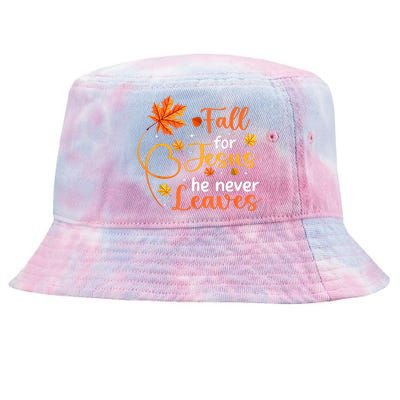 Fall For Jesus He Never Leaves Leaves Autumn Christian Women Tie-Dyed Bucket Hat